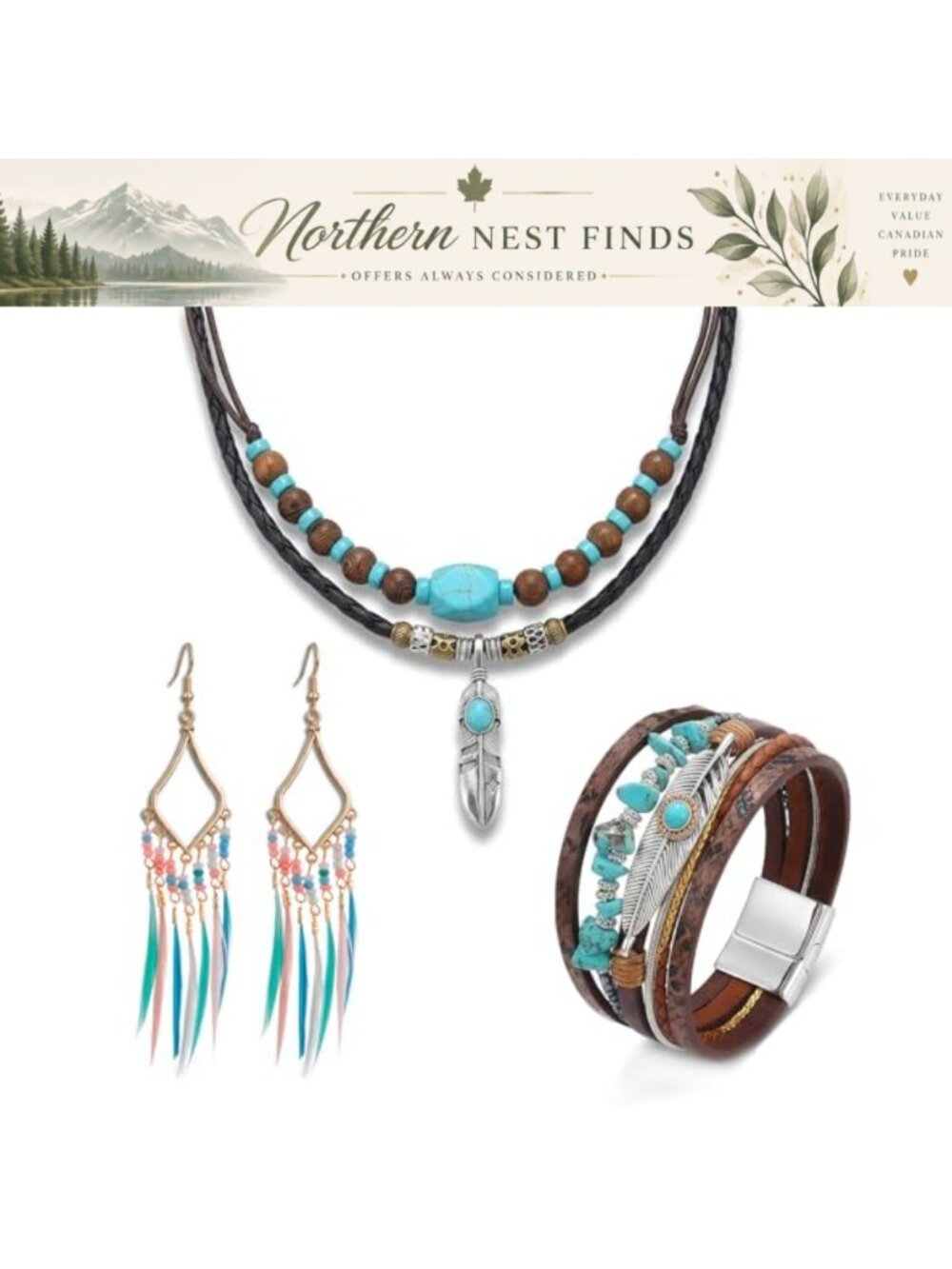 Boho Western 3-Piece Jewelry Set Turquoise Necklace Feather Earrings Leather